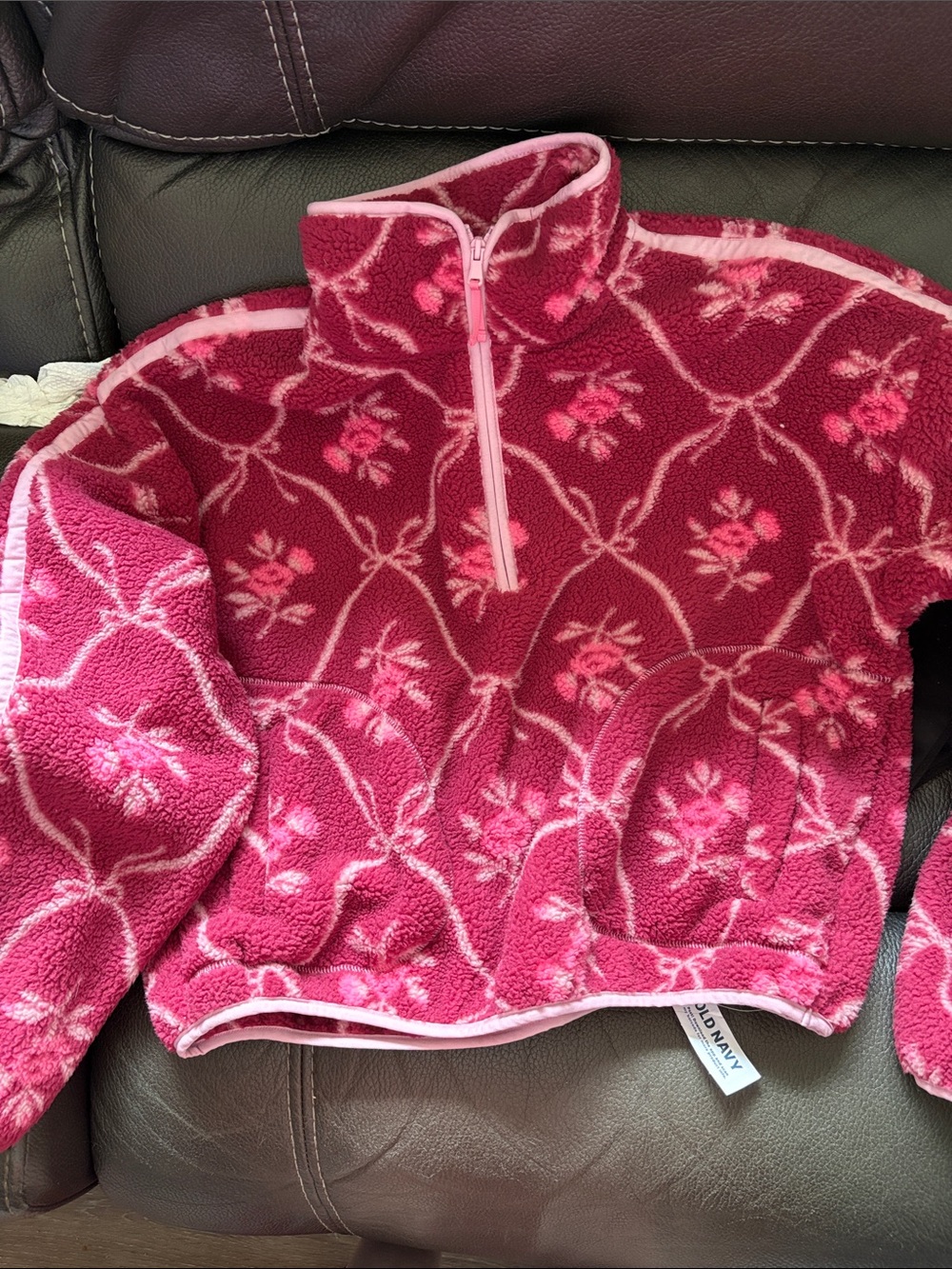 Old navy dark pink floral Sherpa quarter zip pullover
